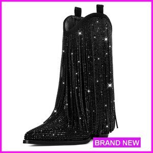 Western Cowgirl Boots Rhinestone Sparkly Fringe Pointed Toe Chunky Heel Pull-On